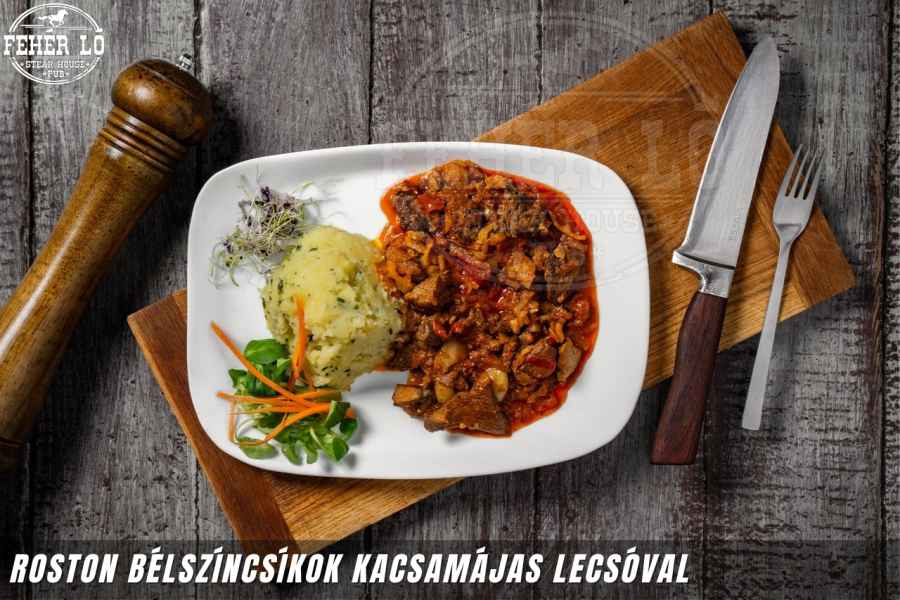 Roston bélszíncsíkok kacsamájas lecsóval